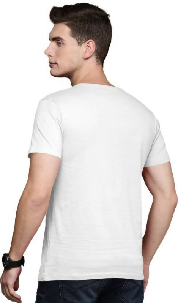 Men Printed Round Neck Polyester Black T-Shirt (White)