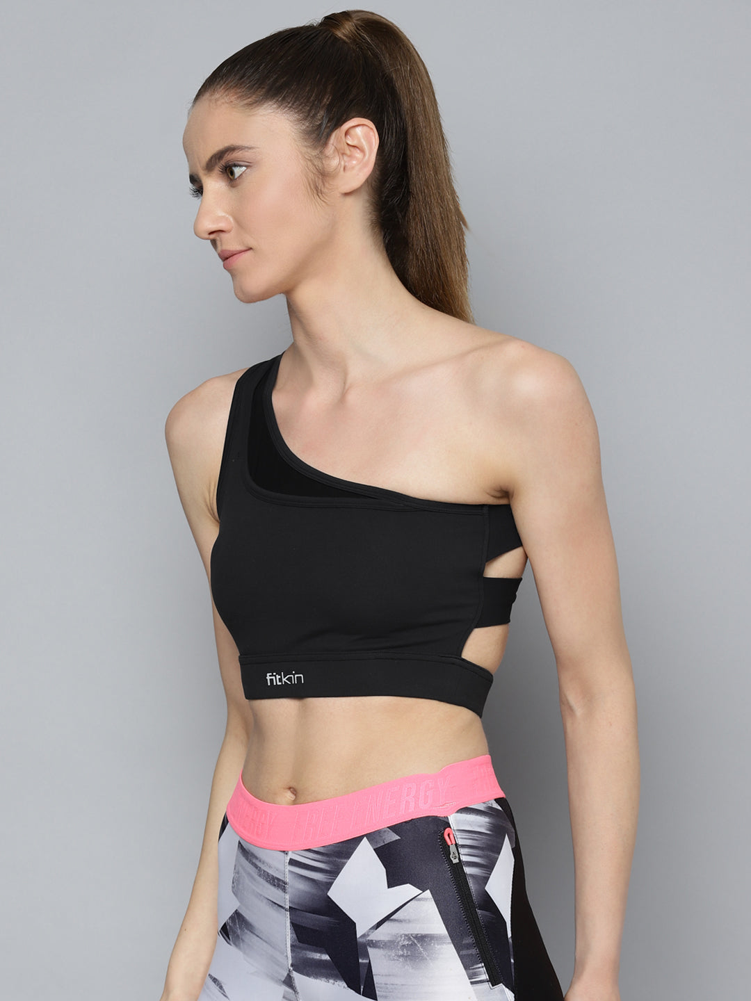 Fitkin Black One Shoulder Sports Bra With Front Net Detail