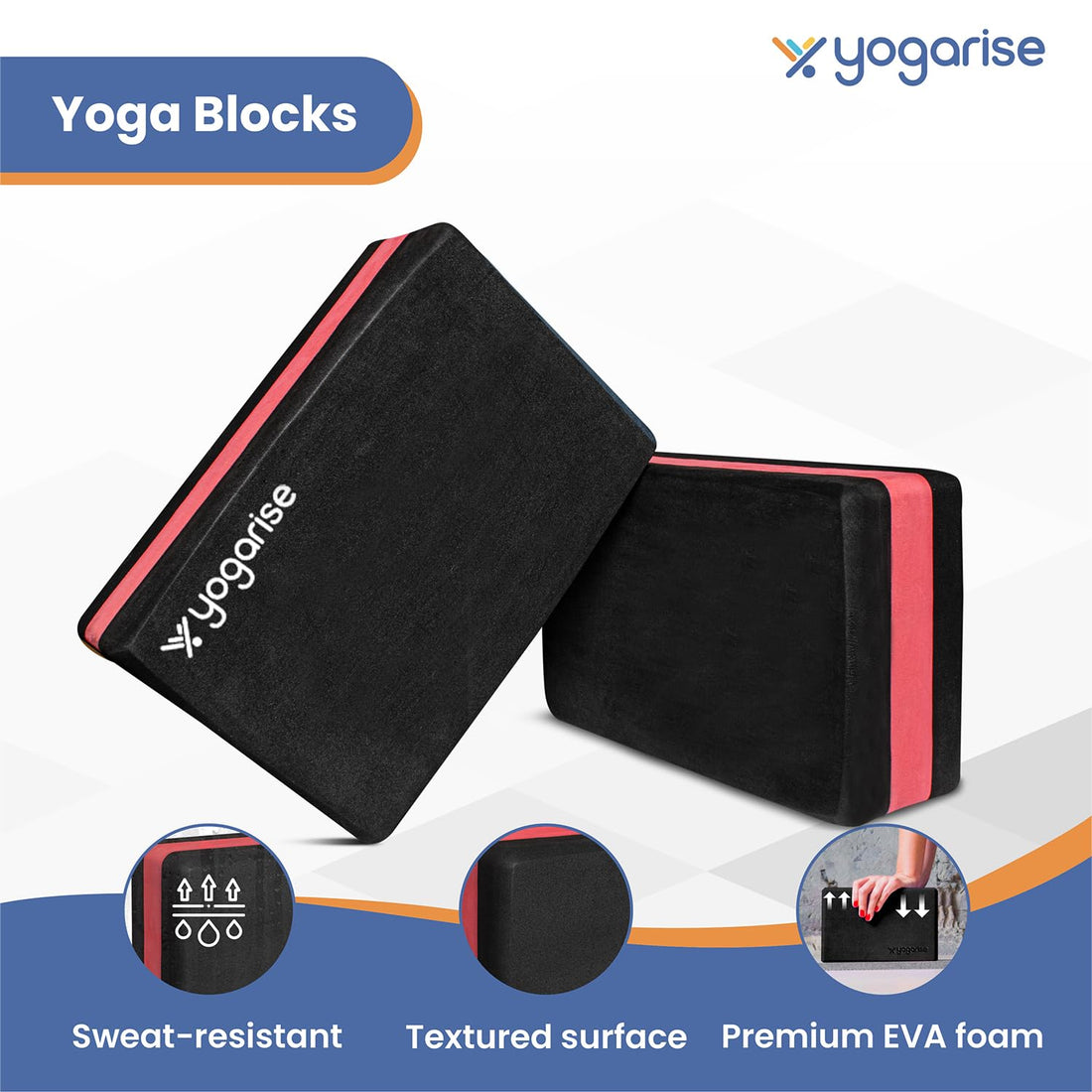 Yogarise Yoga Blocks for Yoga Practice, Exercise Blocks, Anti-slip Grip, High-Density EVA Foam, Round Edges For Comfortable Grip, Extra Large Size (Black and Red, Pack of 2)