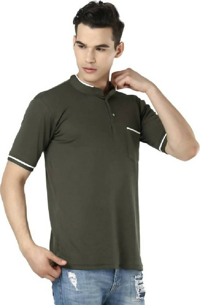 Men Solid Mandarin Collar Poly Cotton Green T-Shirt