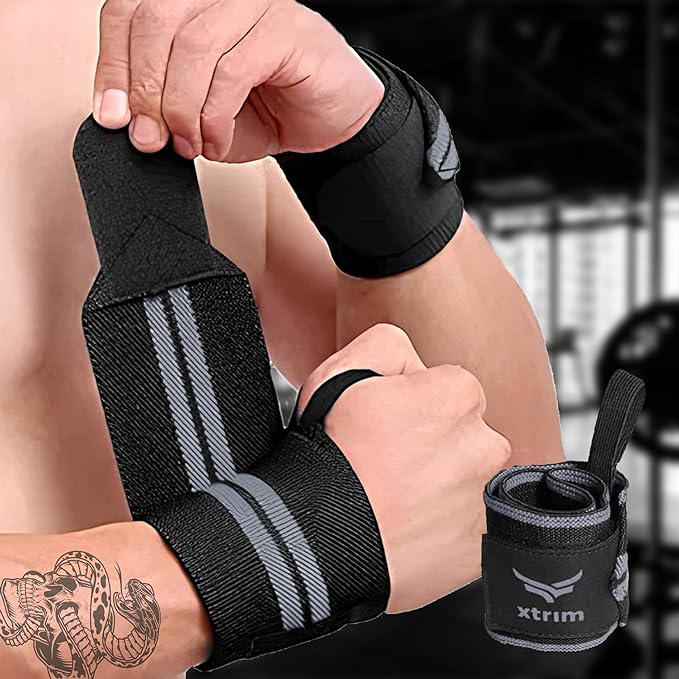 Wrist Support for Men &amp; Women, Wrist Band for Gym Wrist Wrap/Straps Gym Accessories for Men for Hand Grip &amp; Wrist Support Crepe Bandage While Workout &amp; Muscle Relaxation (Black &amp; Grey)