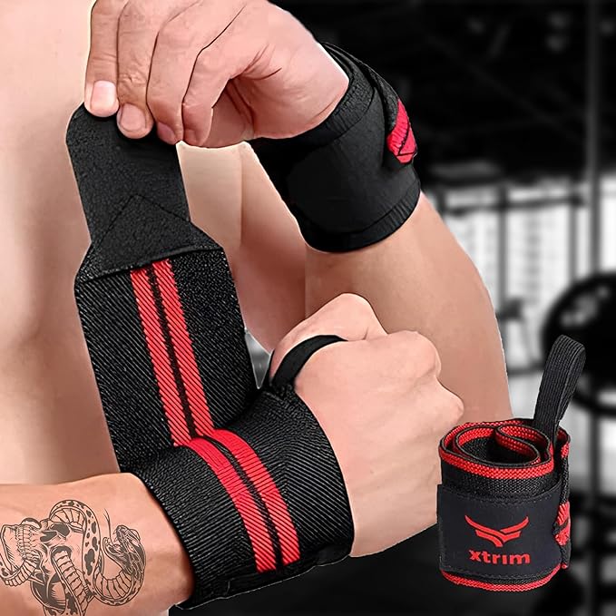 Wrist Support for Men &amp; Women, Wrist Band for Gym Wrist Wrap/Straps Gym Accessories for Men for Hand Grip &amp; Wrist Support Crepe Bandage While Workout &amp; Muscle Relaxation (Red Line)
